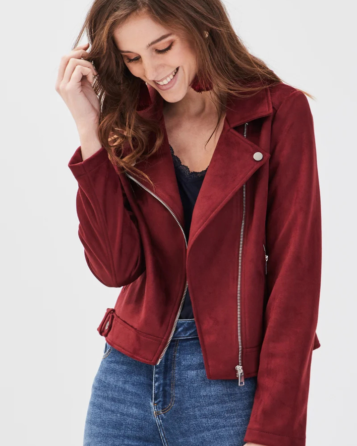 Women's Moto Jacket with Notched Lapels and Asymmetric Zip Closure