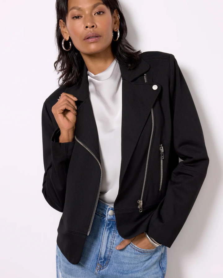 Women's Moto Jacket with Notched Lapels and Asymmetric Zip Closure