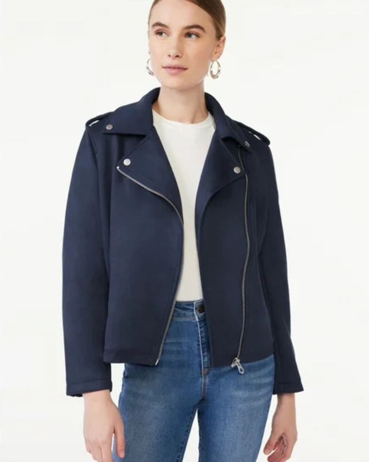 Women's Moto Jacket with Notched Lapels and Asymmetric Zip Closure