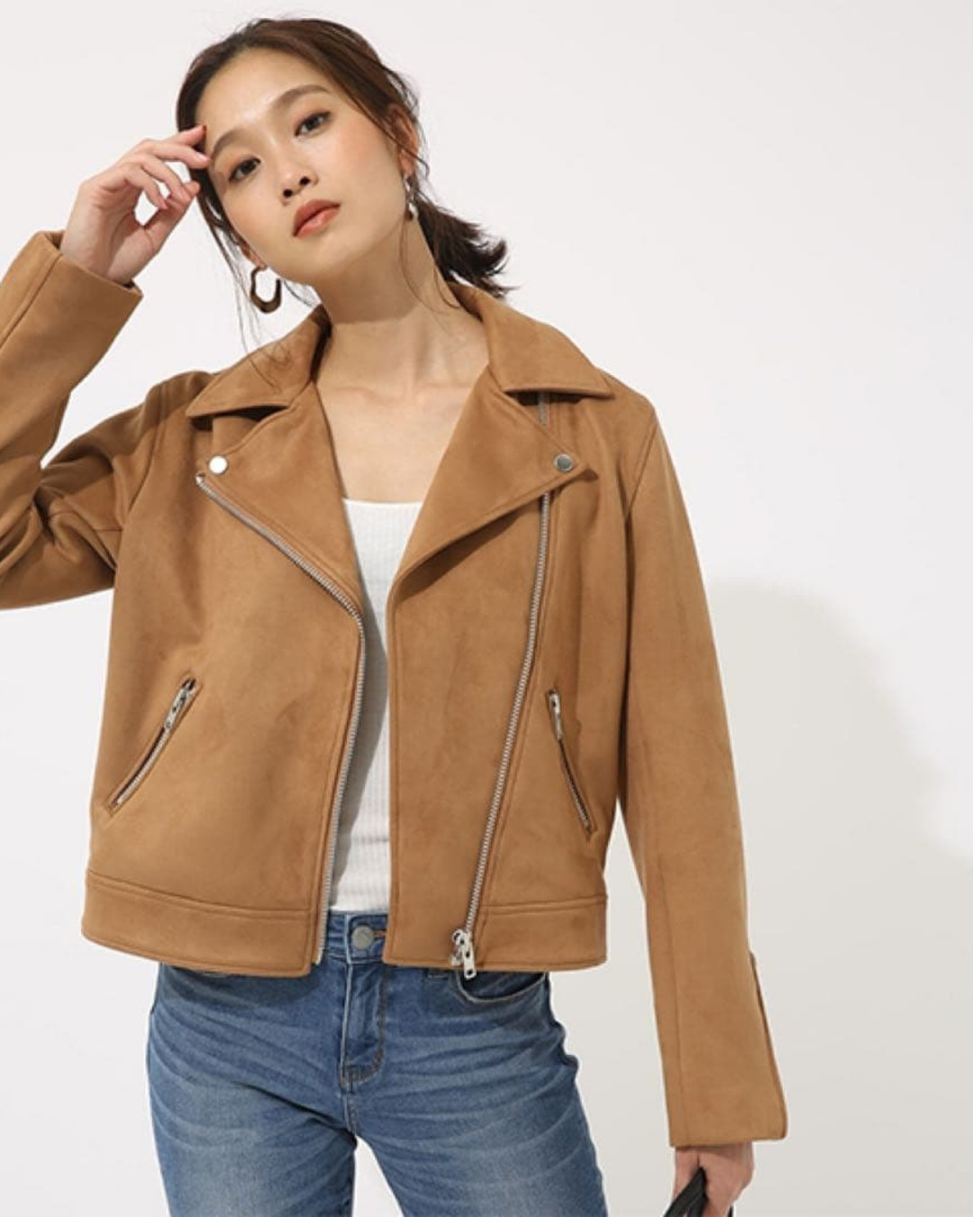 Women's Moto Jacket with Notched Lapels and Asymmetric Zip Closure