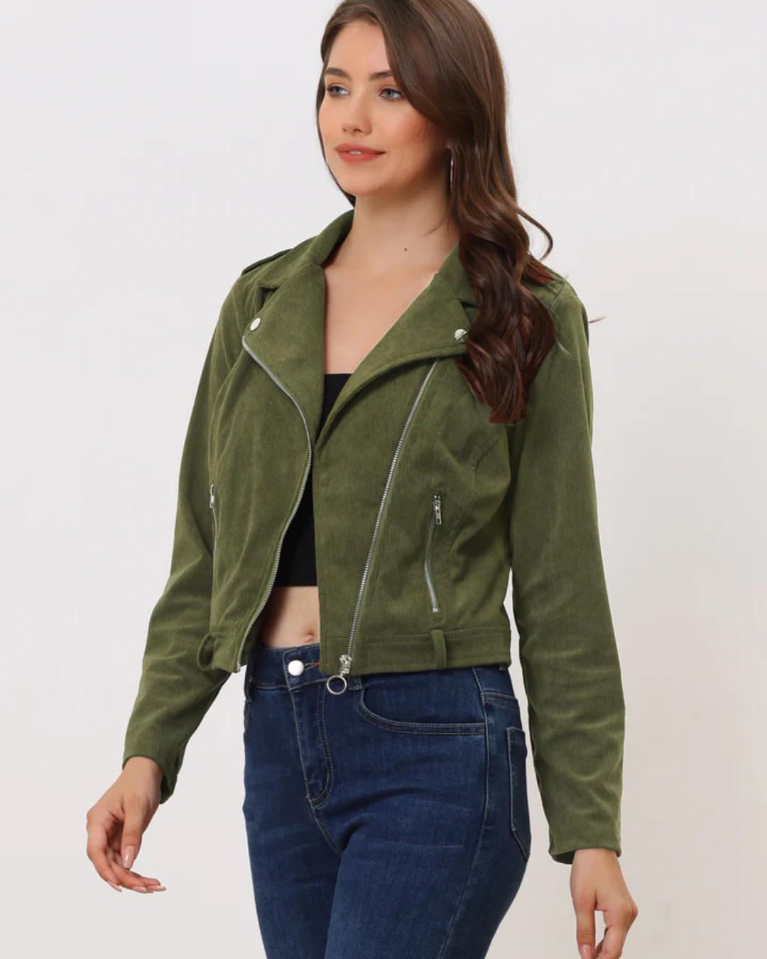 Women's Moto Jacket with Notched Lapels and Asymmetric Zip Closure