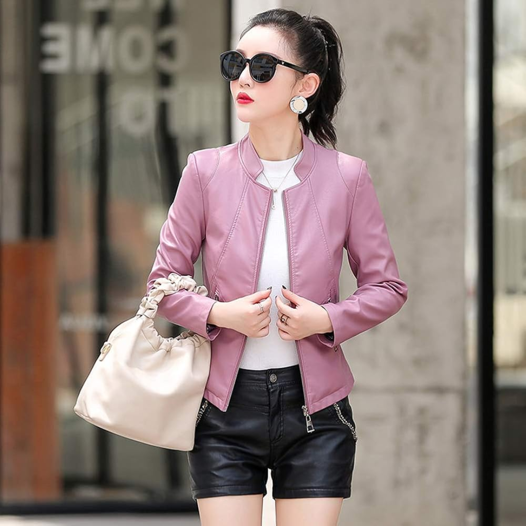 Women's Moto Jacket with Stand Collar and Asymmetric Zip Closure