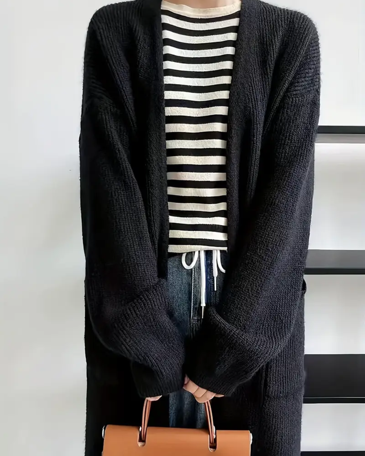 Women's Open Front Cardigan with Round Neckline and Front Pockets