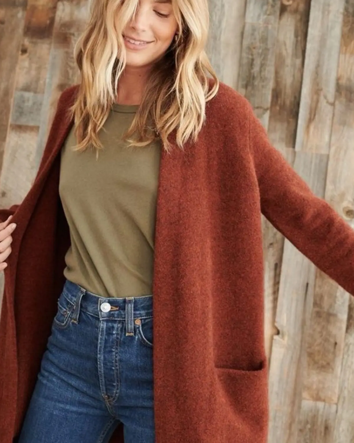 Women's Open Front Cardigan with Round Neckline and Front Pockets