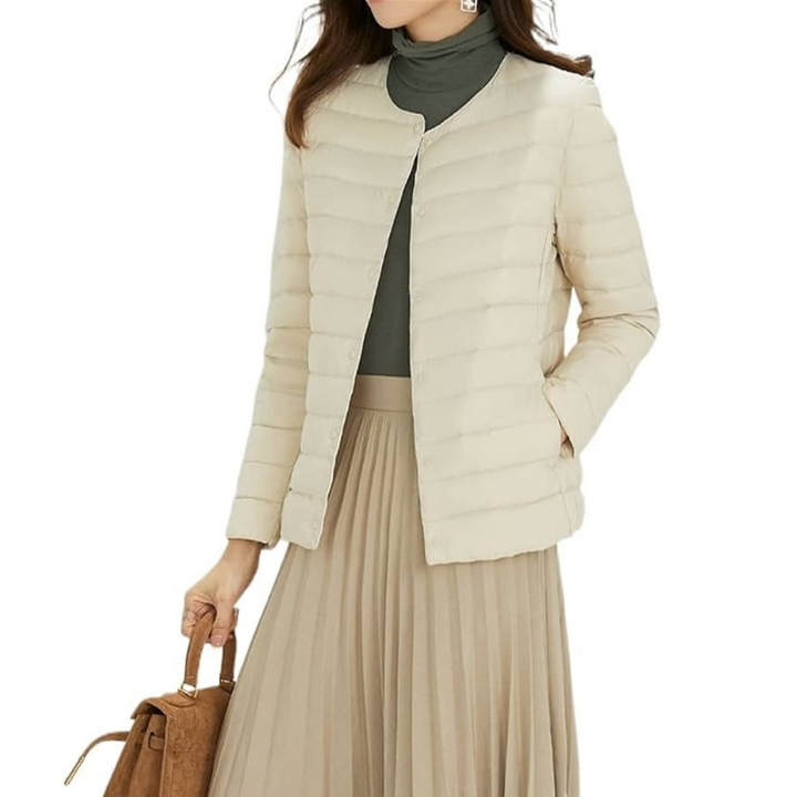 Women's Quilted Puffer Jacket with Round Neckline and Snap Button Closure