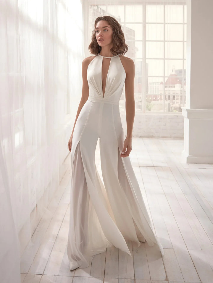 Women's Sheer Wide-Leg Jumpsuit with Halter Neckline
