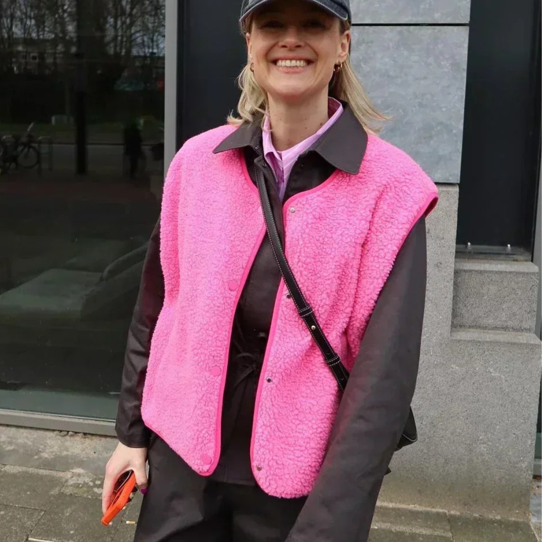 Women's Sherpa Fleece Vest with Snap Button Closure and V-Neckline