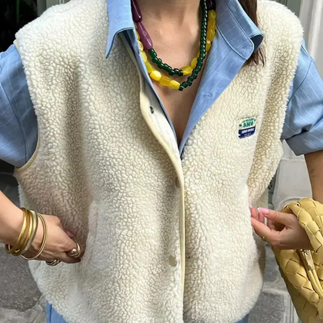 Women's Sherpa Fleece Vest with Snap Button Closure and V-Neckline